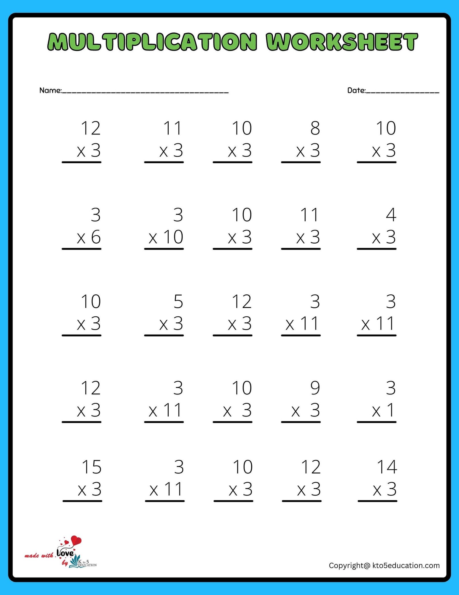 5x5 Multiplication Worksheet