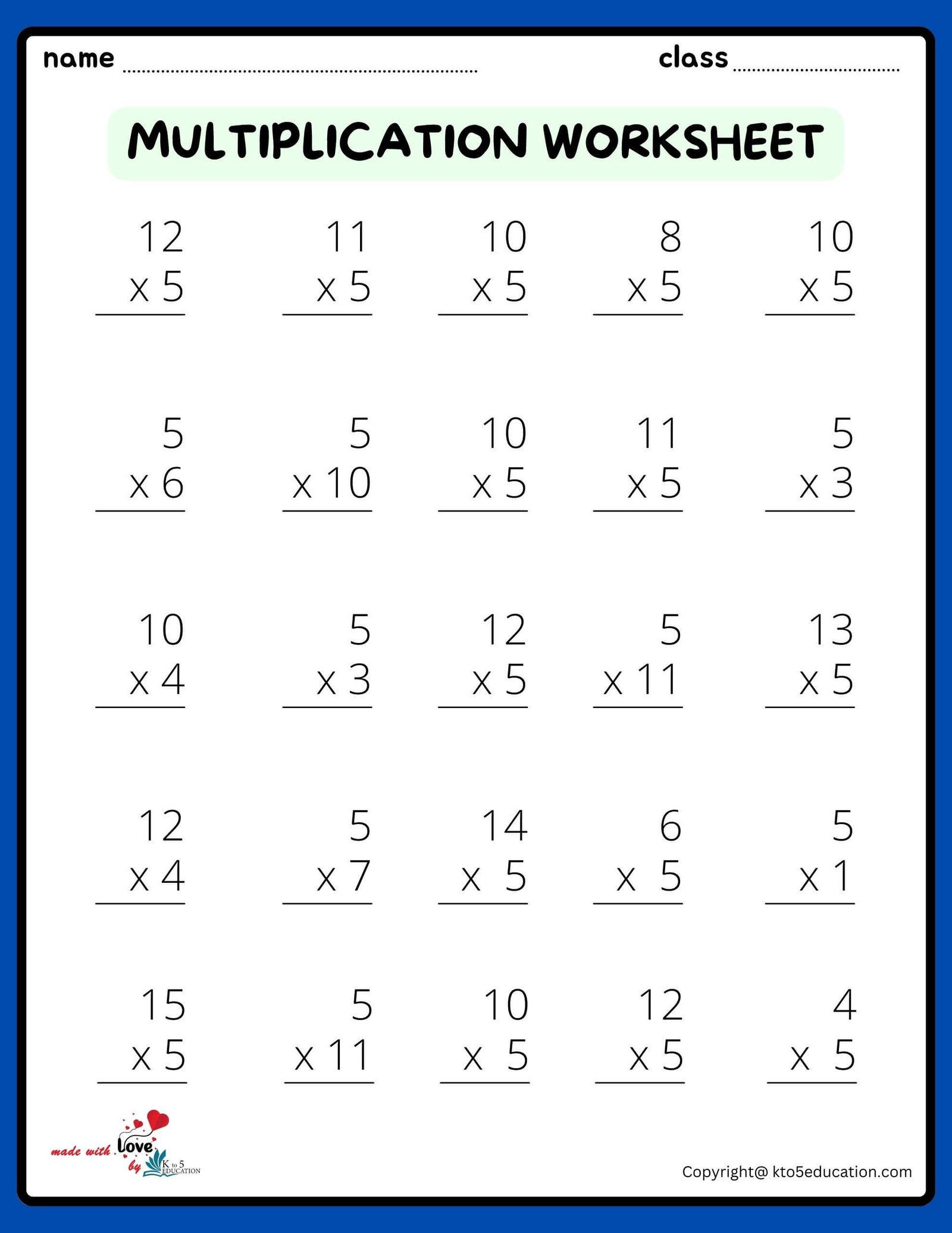 5x5 Multiplication Worksheet