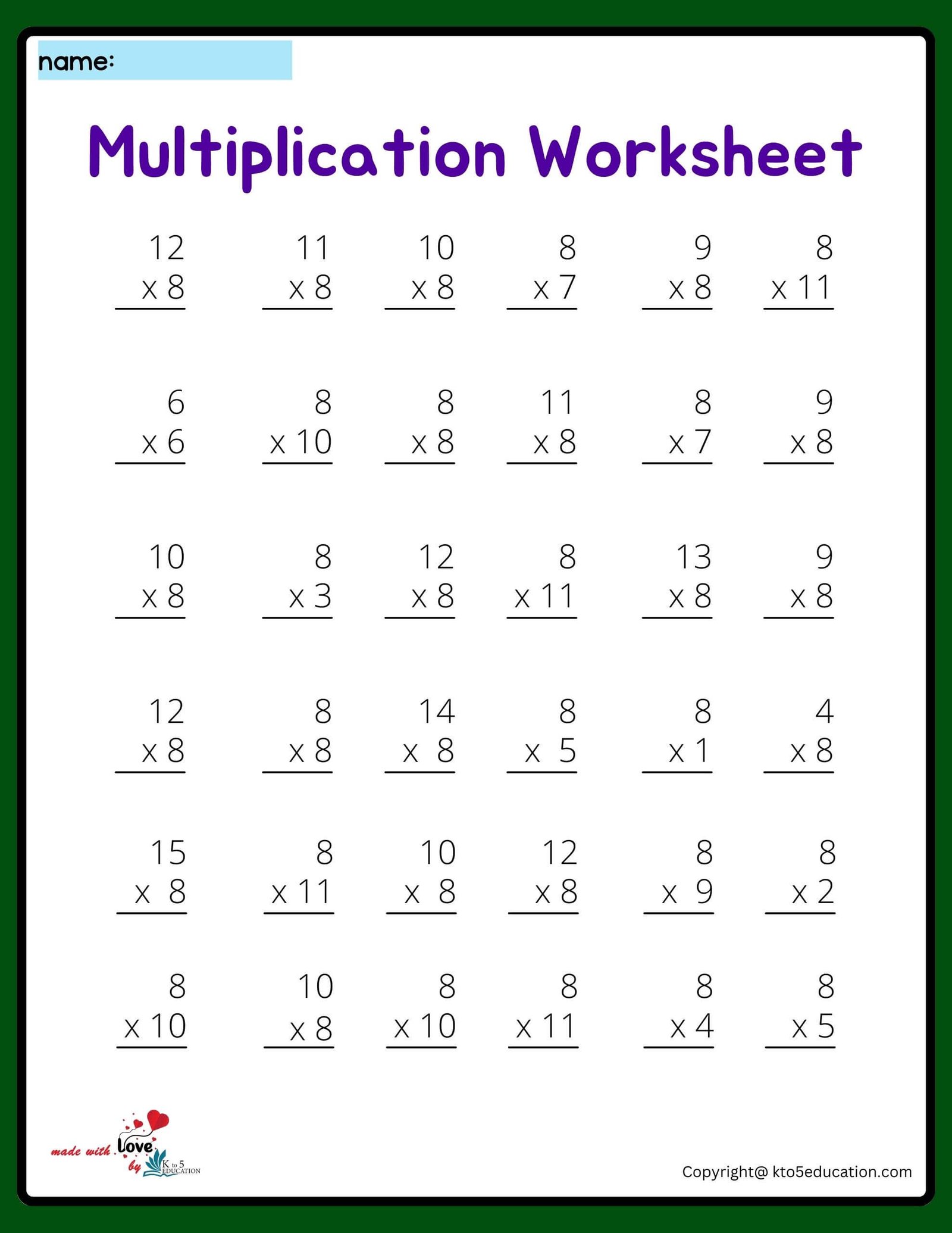 6x6 Multiplication Worksheet