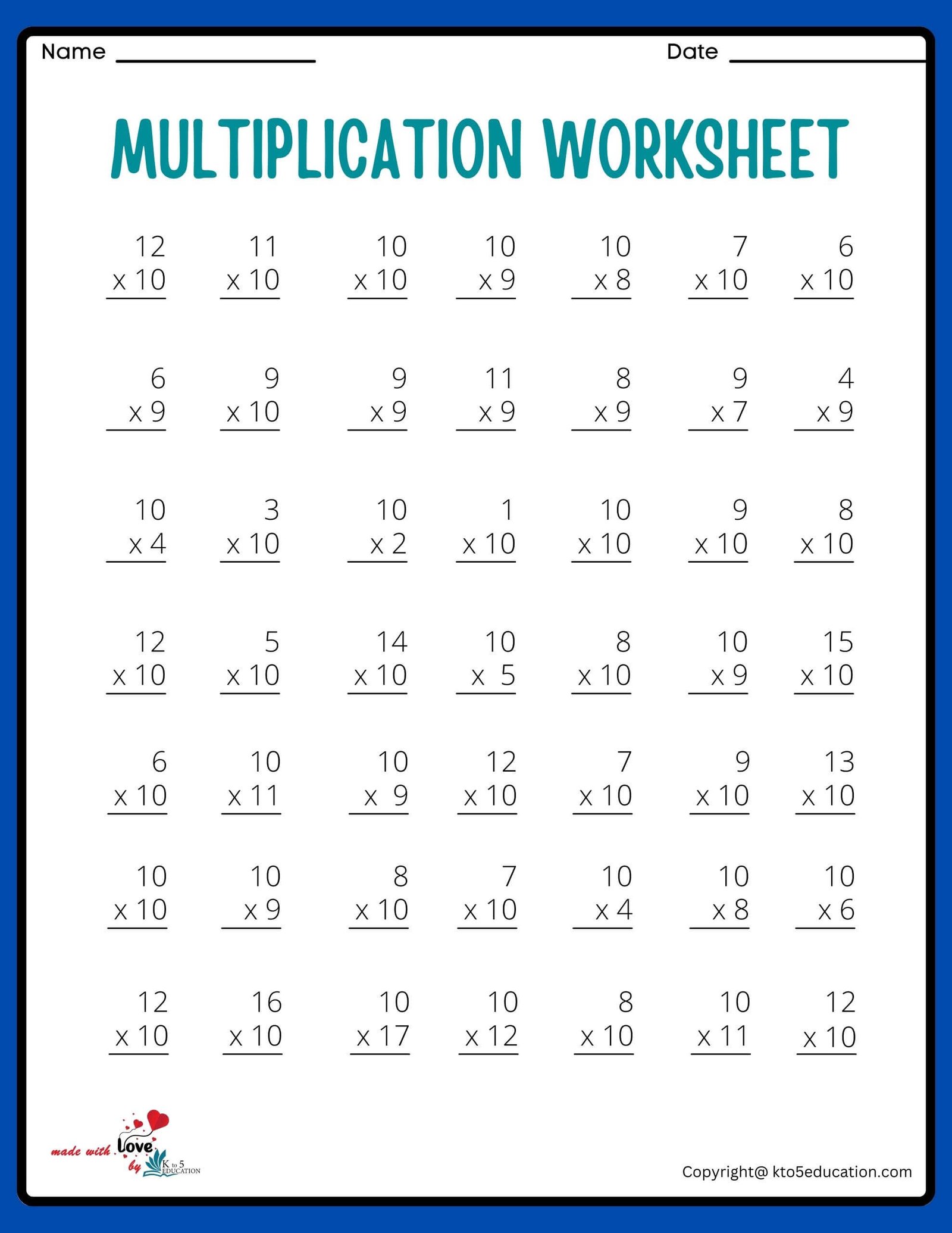 7x7 10 Multiplication Worksheet
