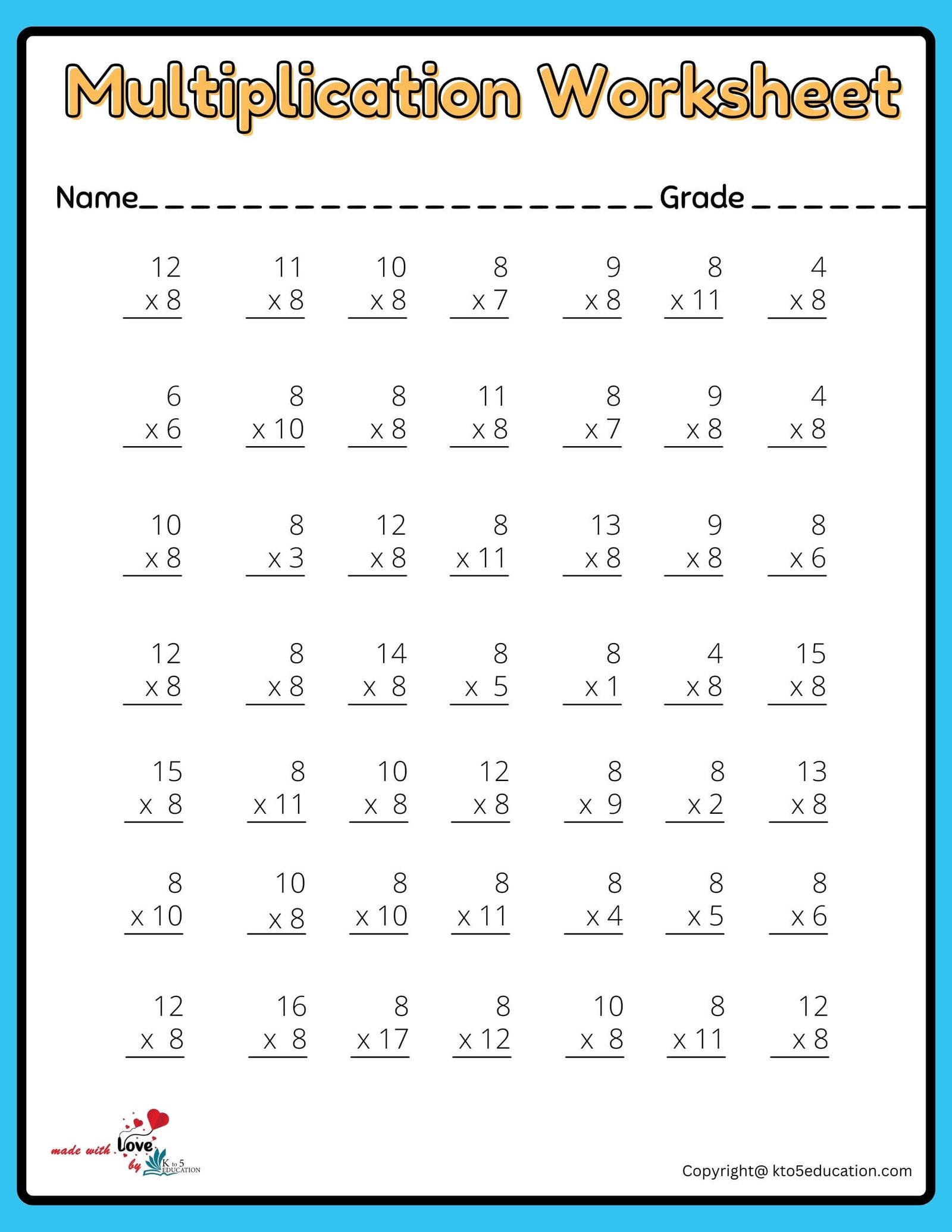7x7 Multiplication Worksheet