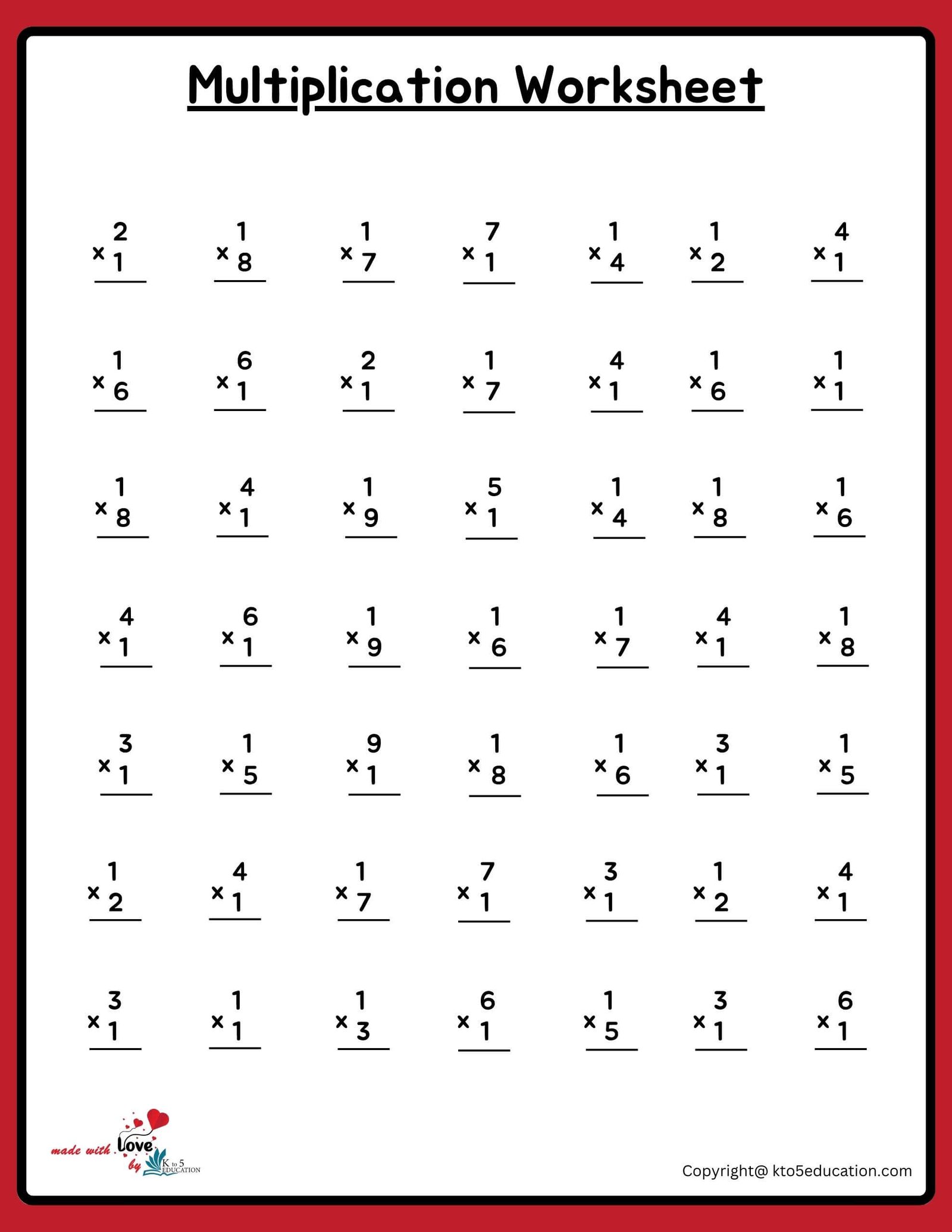 7x7 Multiplication Worksheets (1 to 10)