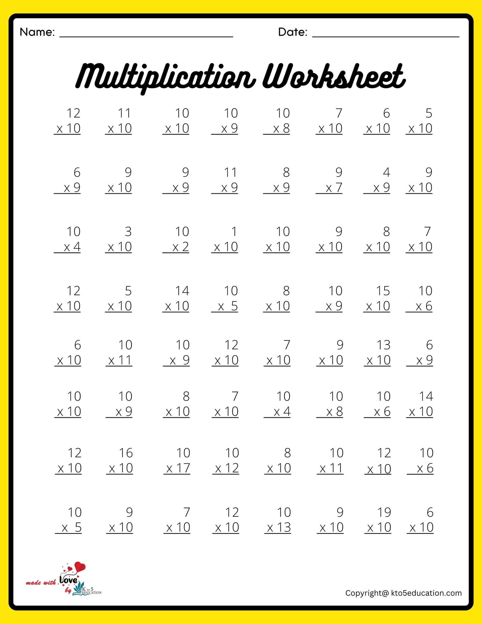 8x8 10 Multiplication Worksheet