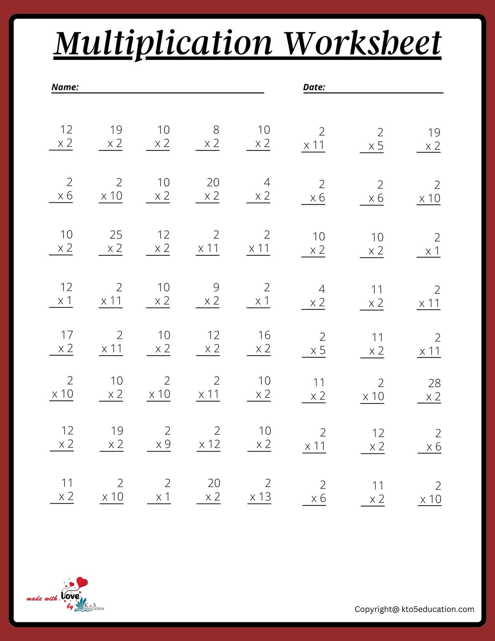 8x8 Multiplication Worksheet