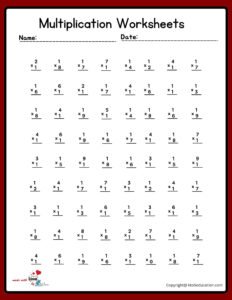 9x9 Multiplication Worksheet (1 to 10)