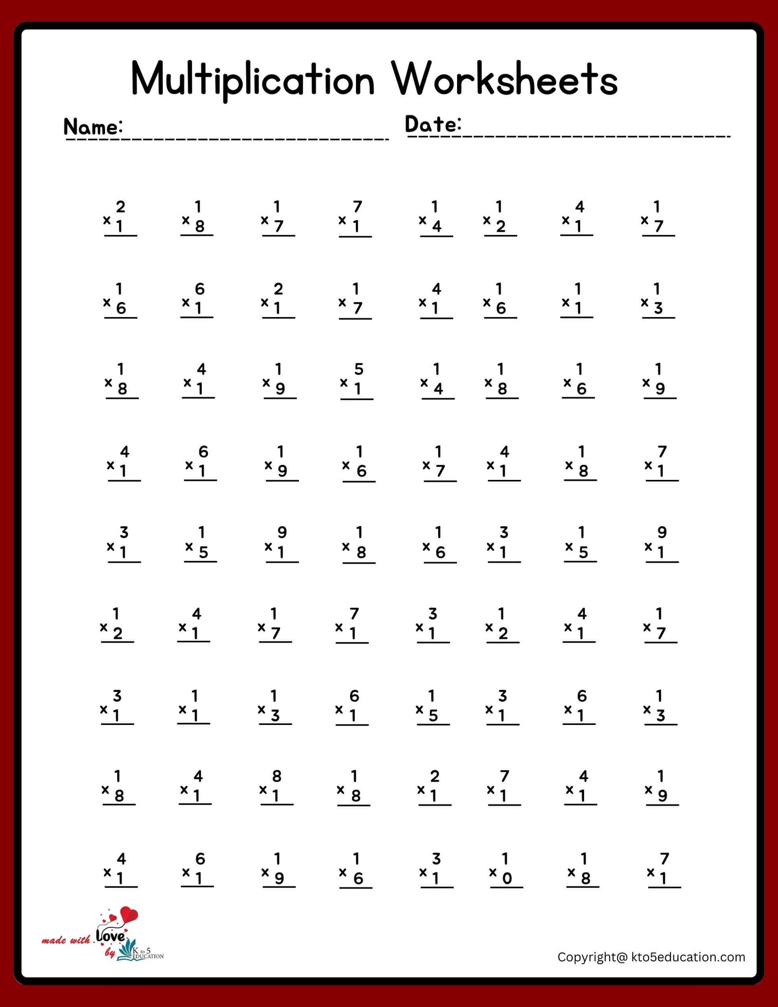 9x9 Multiplication Worksheet (1 to 10)