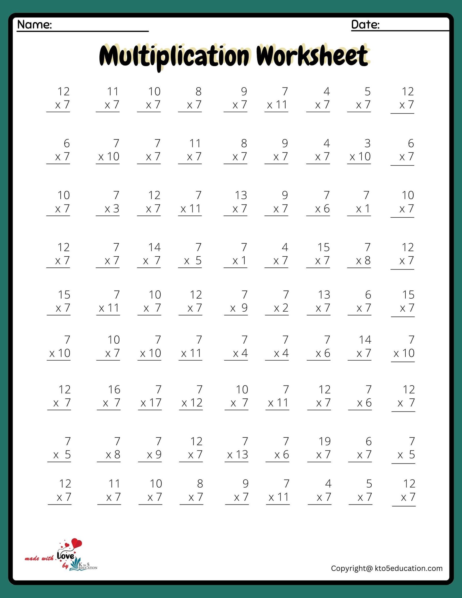 9x9 Multiplication Worksheet