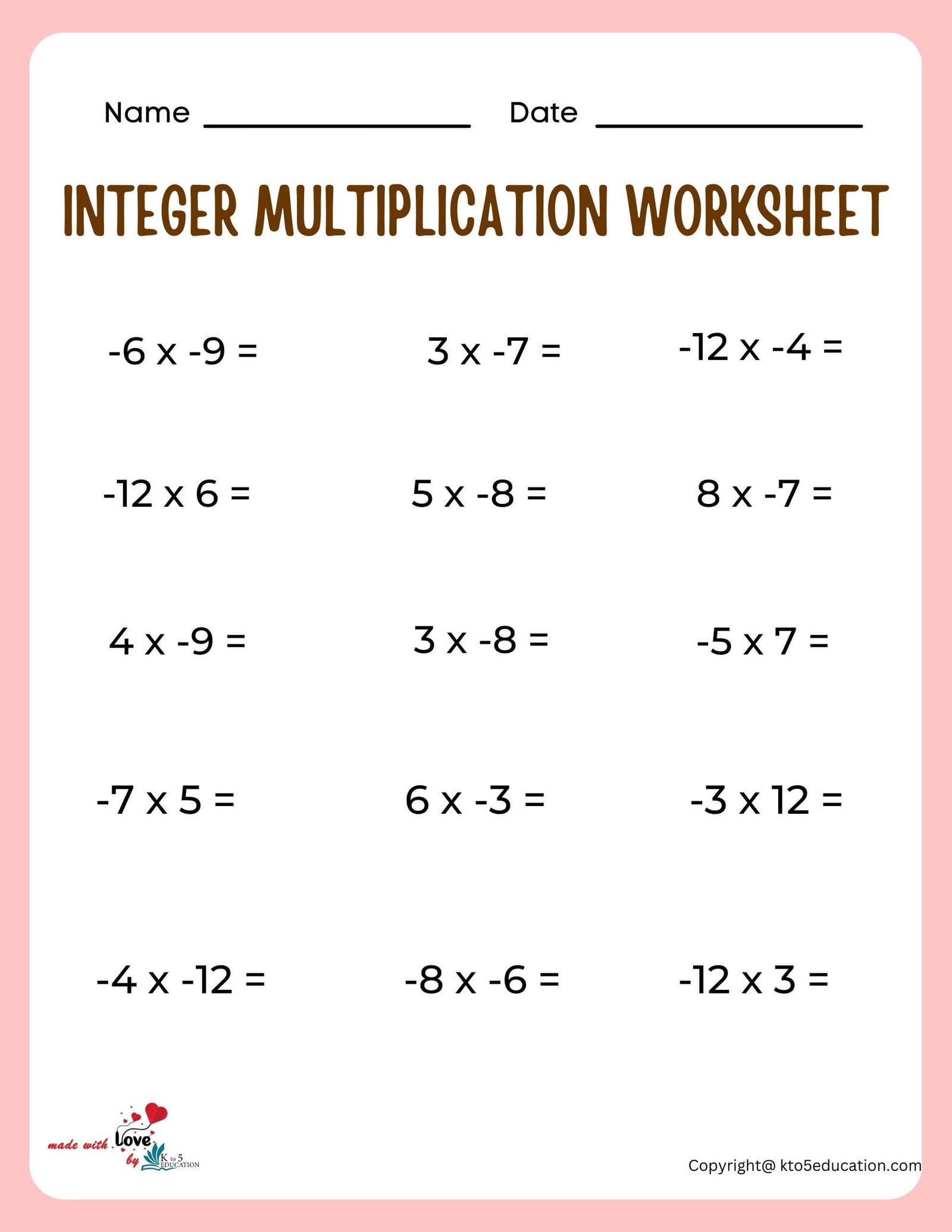 Adding Subtracting Multiplying And Dividing Integers Worksheet Pdf