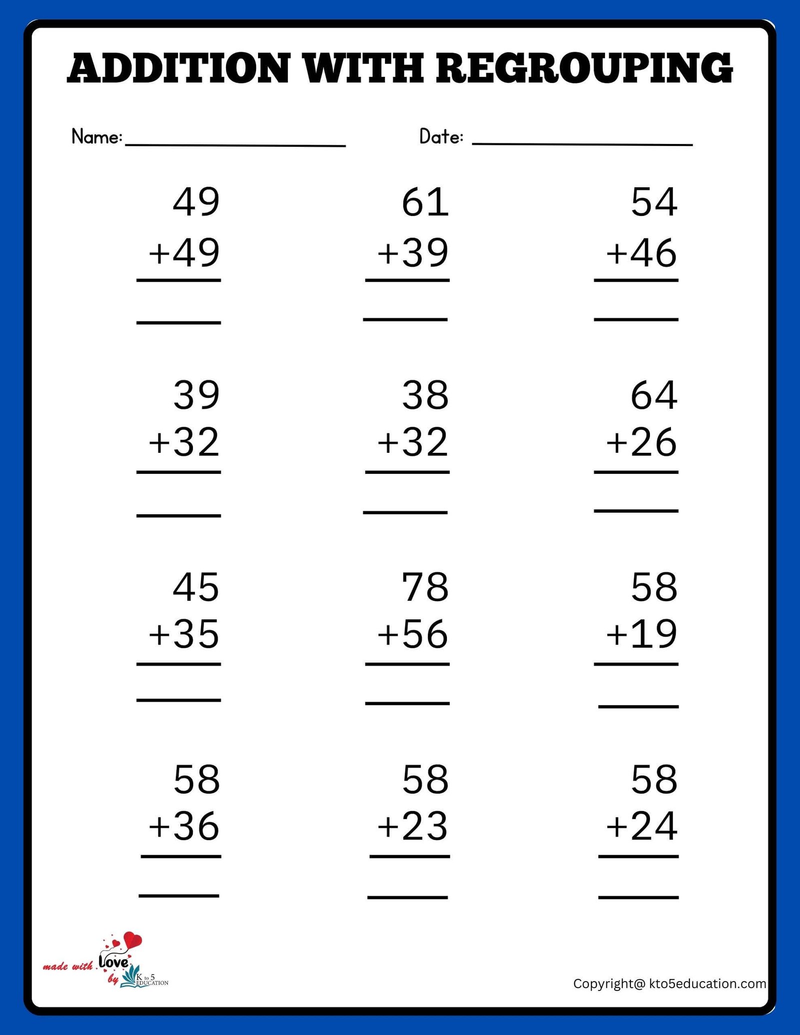 Adding With Regrouping Worksheets