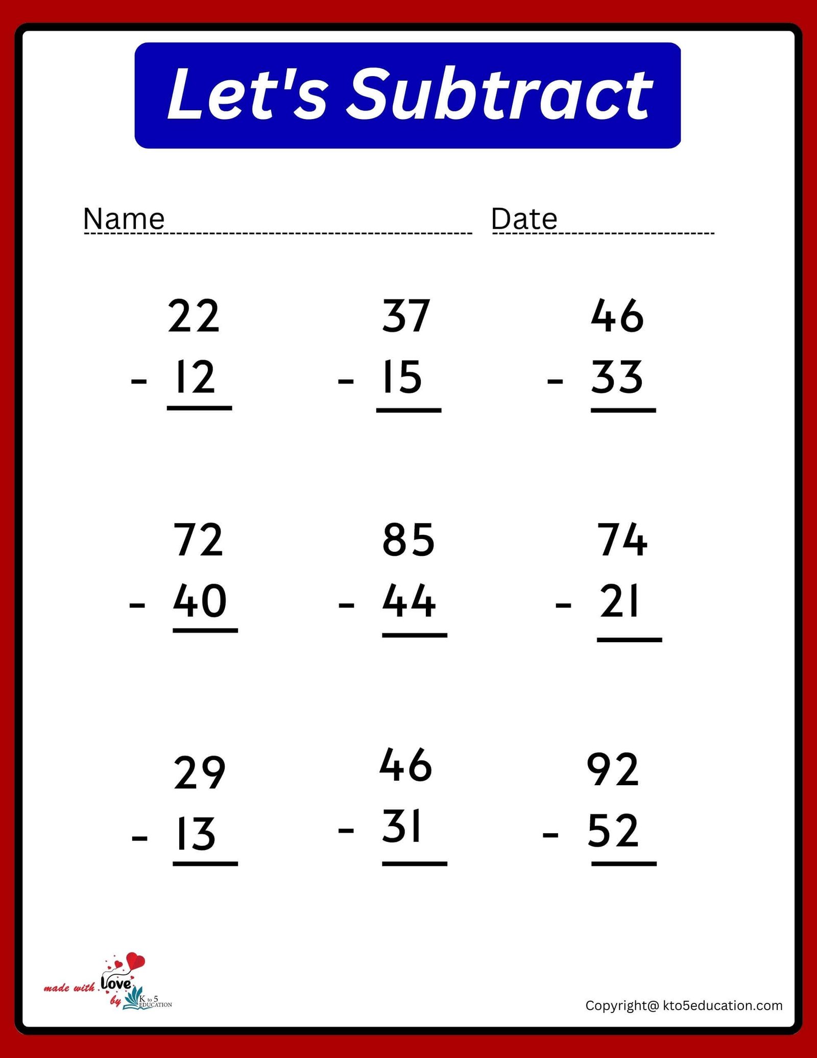 Blank Subtraction Charts Worksheet