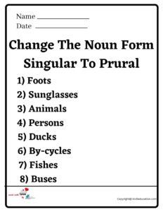 Change The Noun Form Singular To Pural Worksheet
