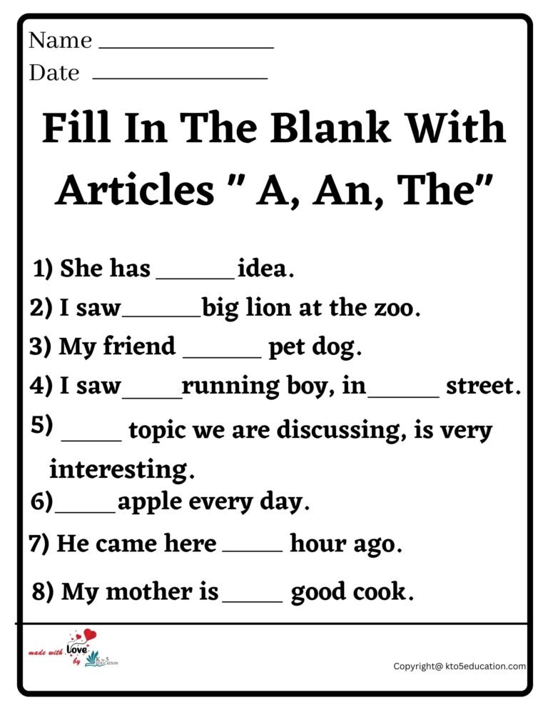 Fill In The Blank With Articles A, An, The Worksheet 2 | FREE Download 