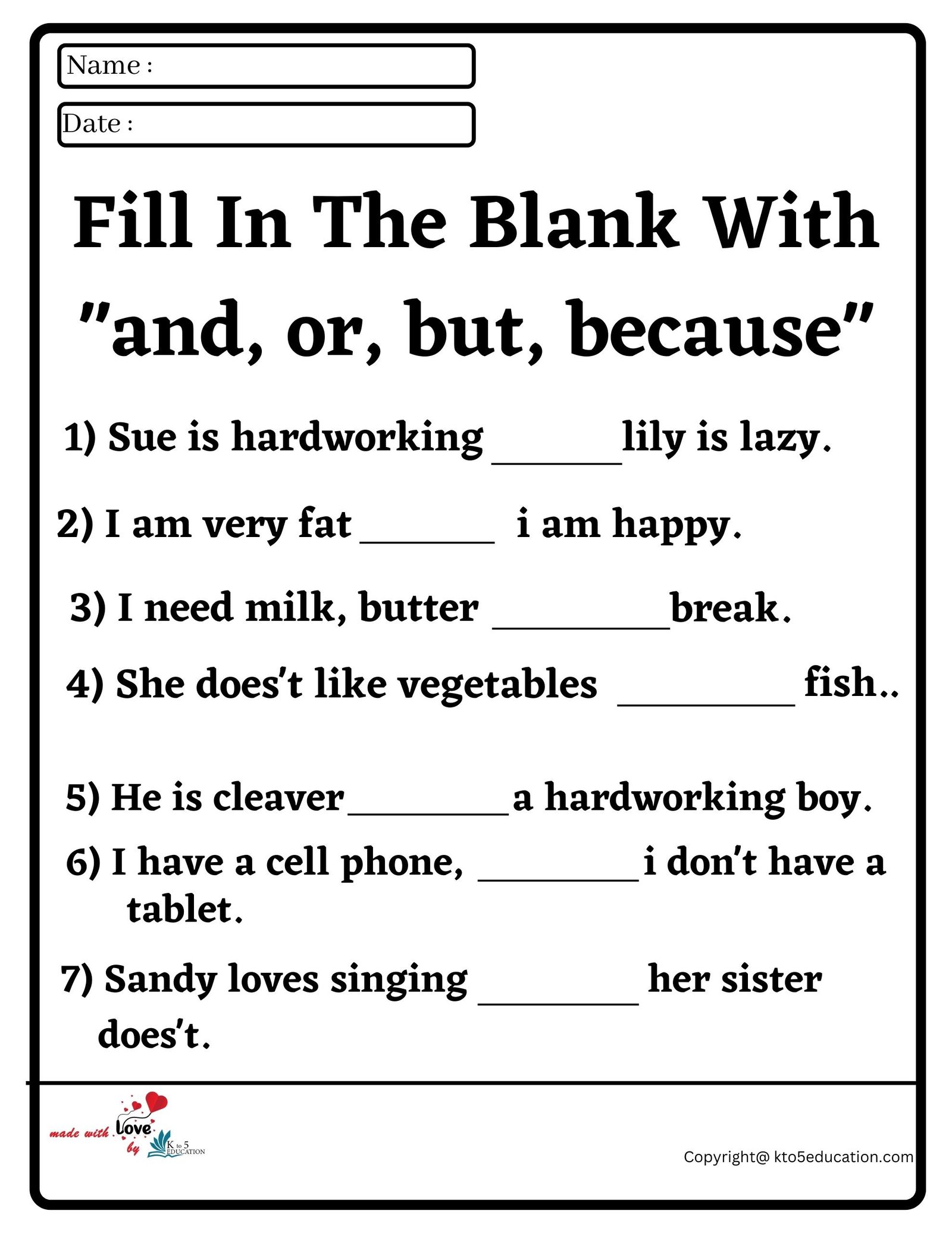 Fill In The Blank With and, or, but, because Worksheet 2