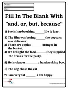 Fill In The Blank With and, or, but, because Worksheet