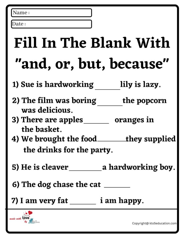 Fill In The Blank With and, or, but, because Worksheet | FREE Download 