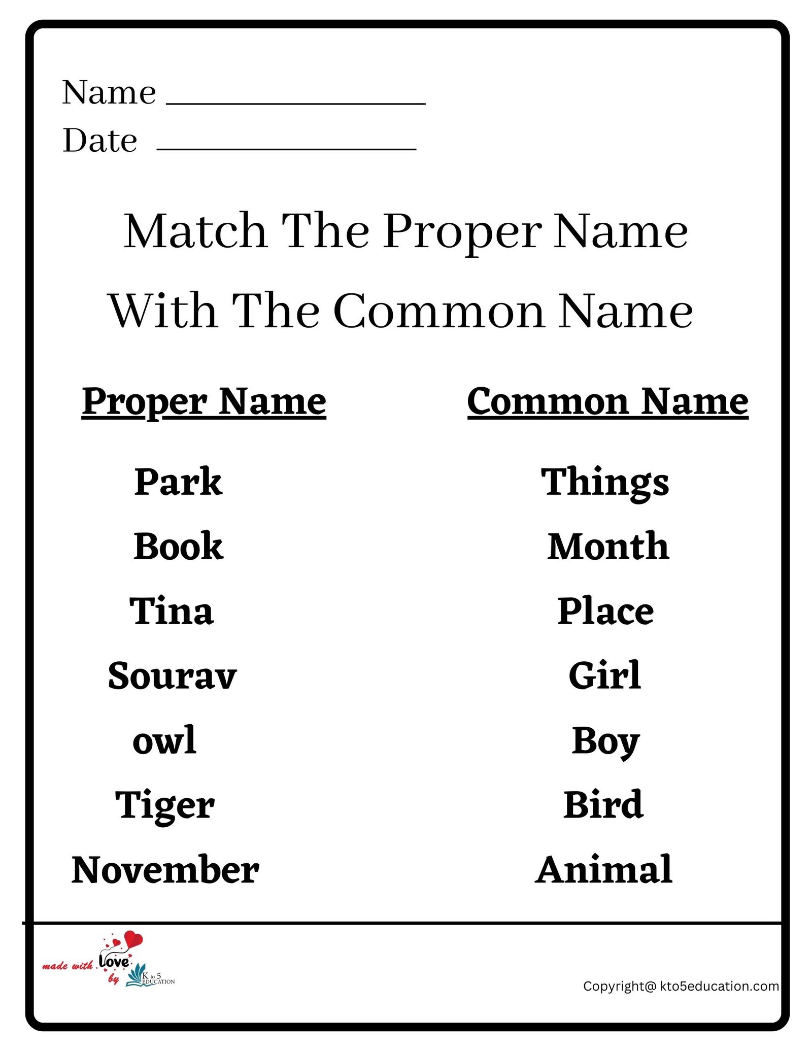 Match The Proper Name With The Common Name Worksheet 2