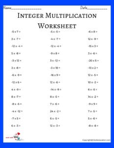 Multiplication Of Integers Class 6 Worksheet