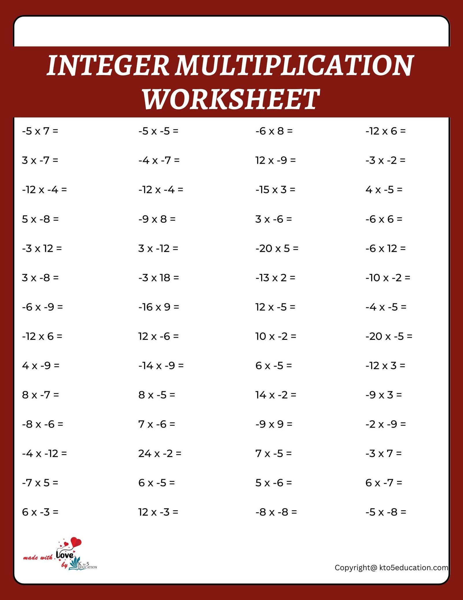 Multiplication Of Integers Class 7 Worksheet