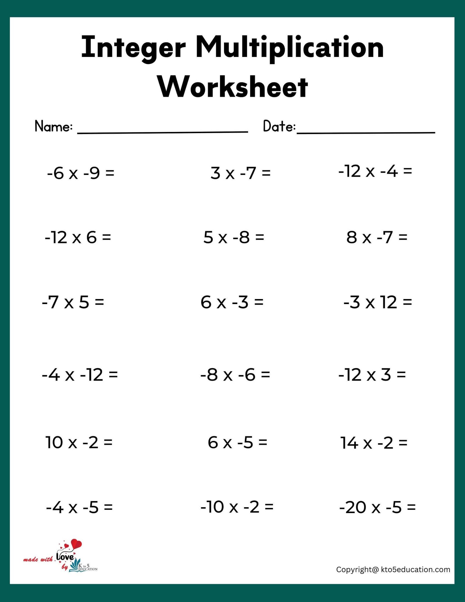 Multiplying 3 Integers Worksheets