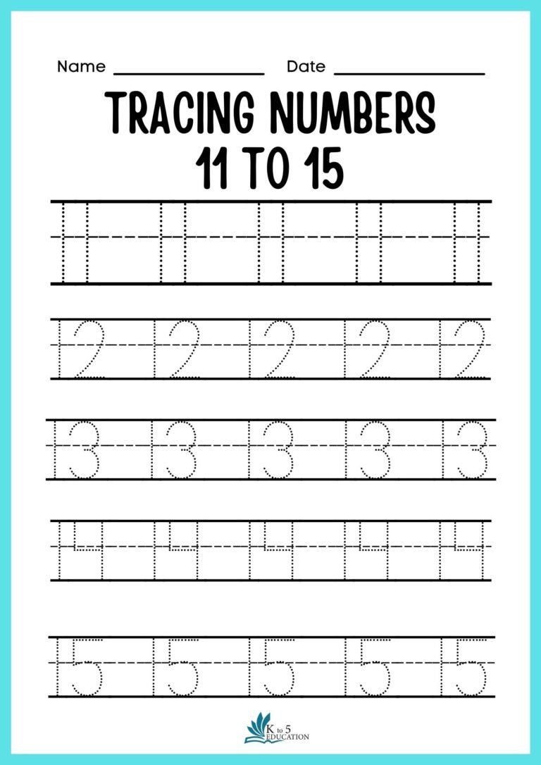 Preschool Number 11 to 15 Tracing Worksheet | FREE Download