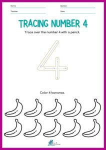 Preschool Number 4 Tracing Worksheet