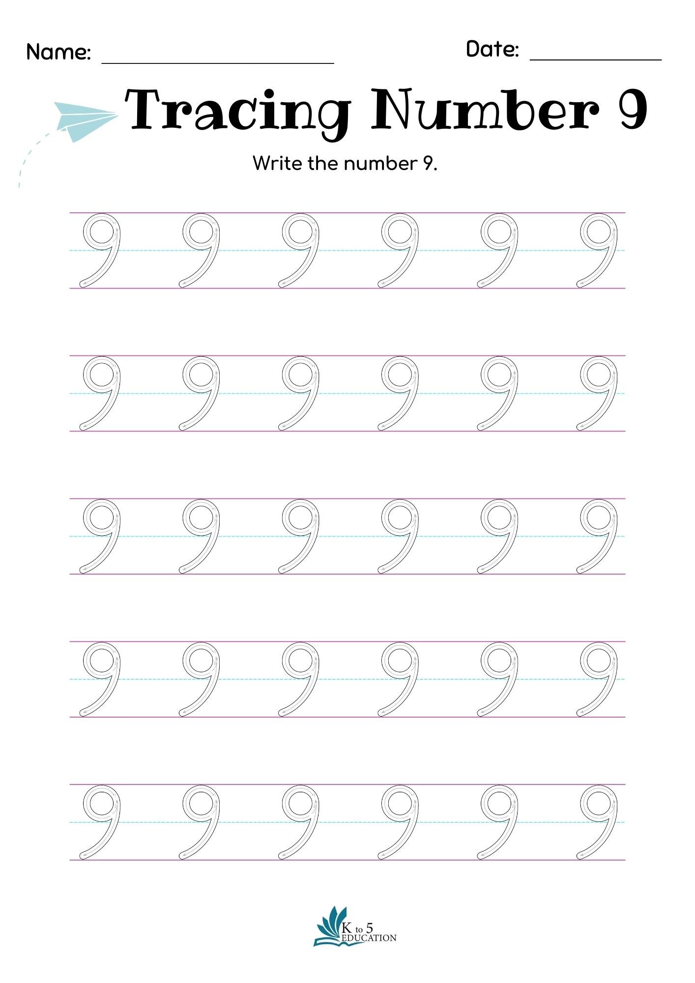 Preschool Number 9 Tracing Worksheet