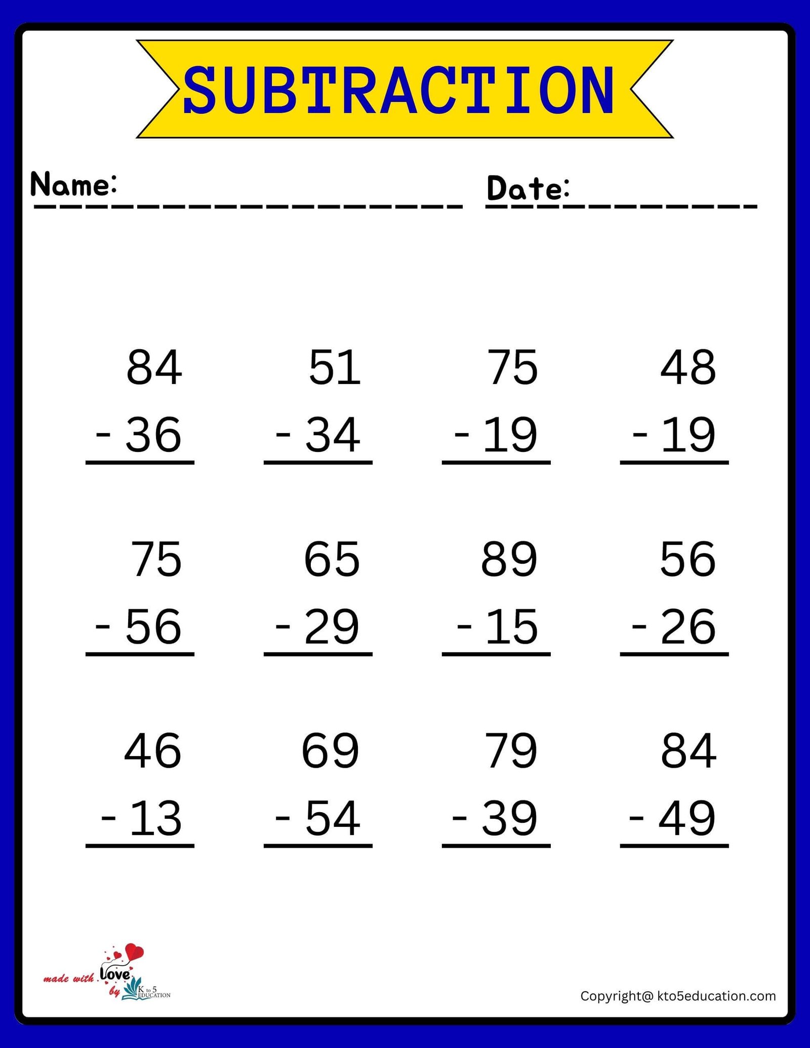 Subtraction Tables