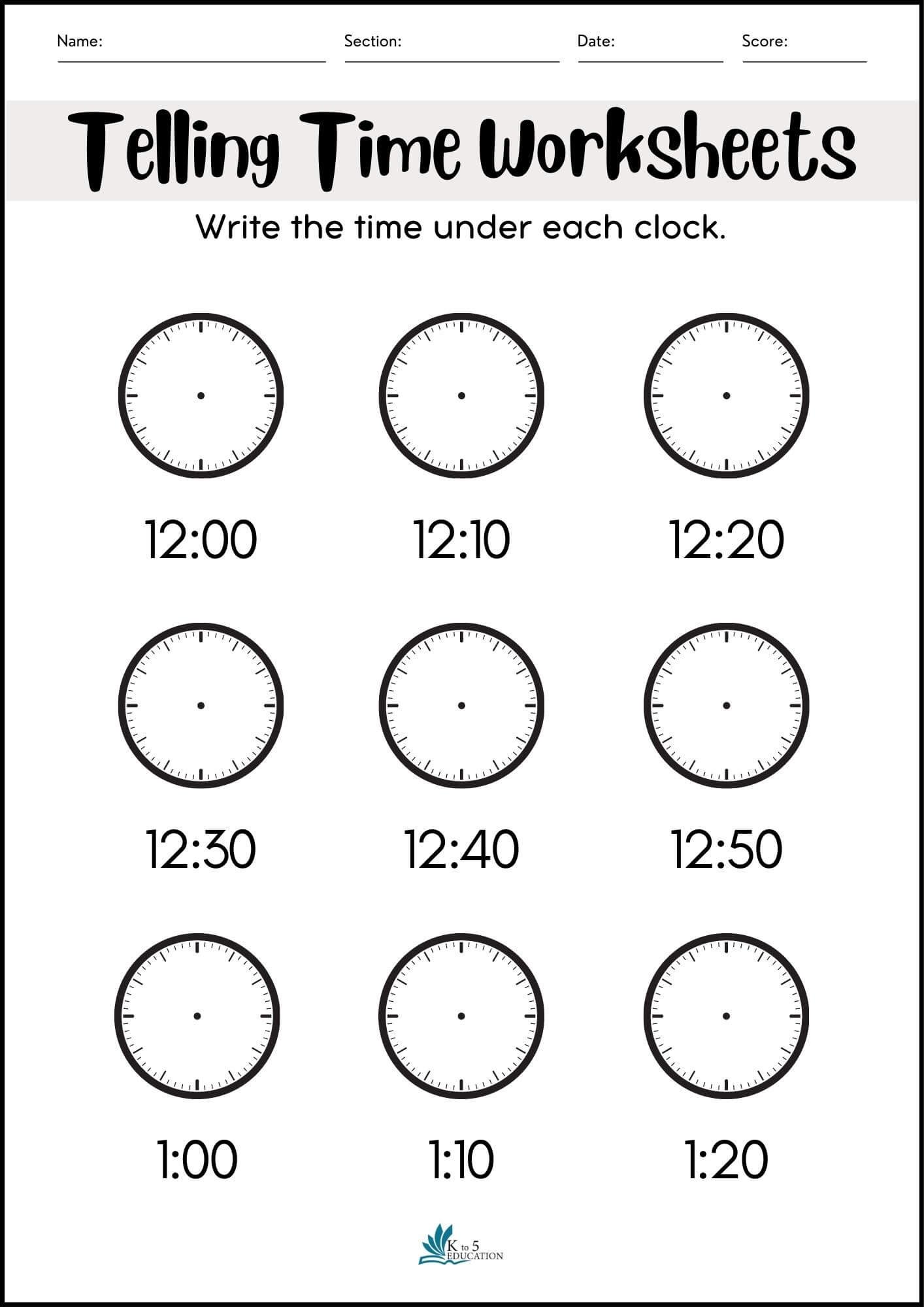 Telling Time To 10 Minutes Worksheet