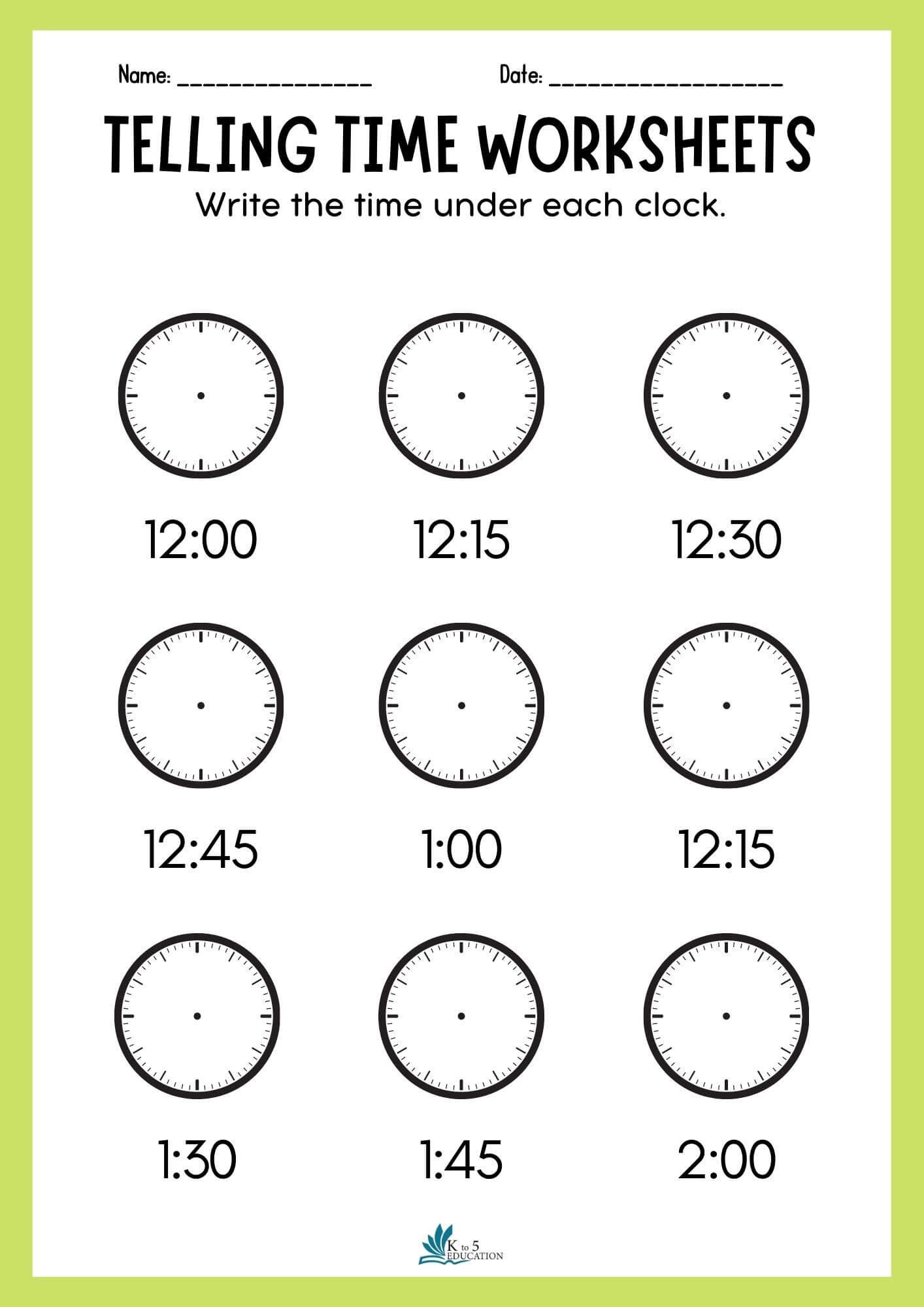 Telling Time To 15 Minutes Worksheet