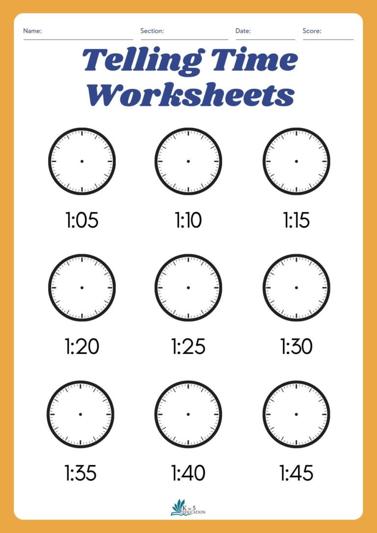 Telling Time To 5 Minutes Worksheet | FREE Download