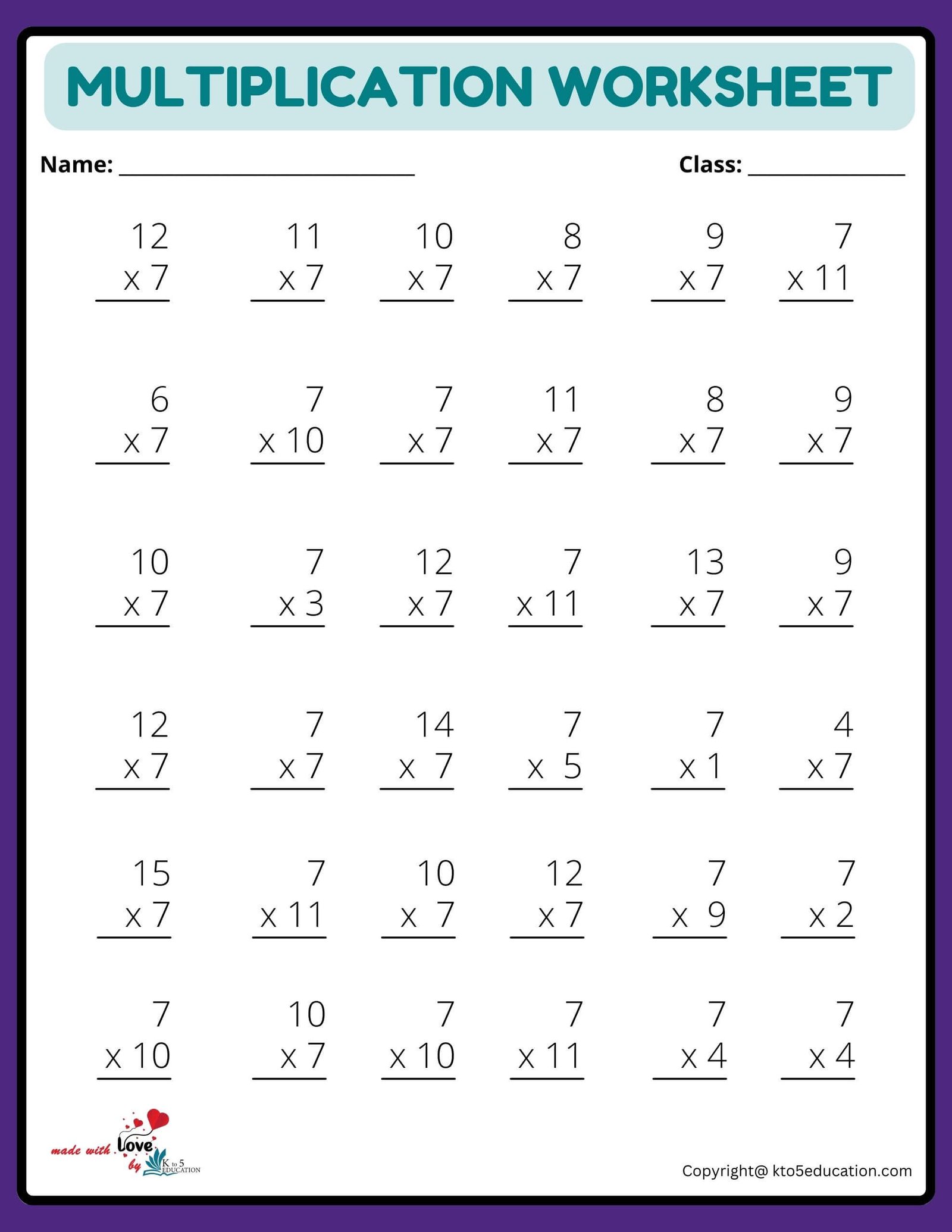 Violet 6x6 Multiplication Worksheet