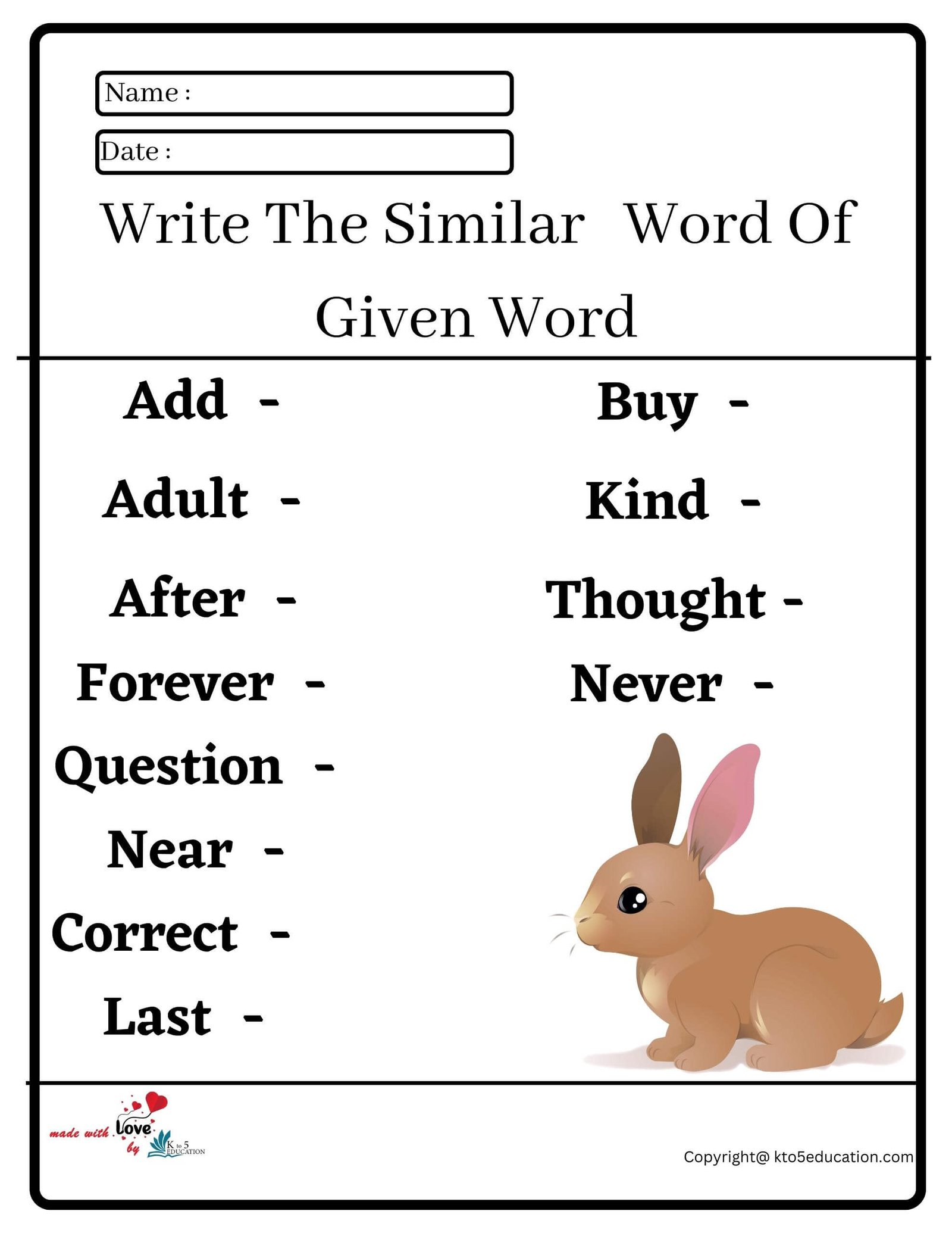 Write The Similar Word Of Given Word Worksheet