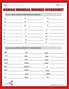1 to 100 Roman Numeral Number Practice Worksheet