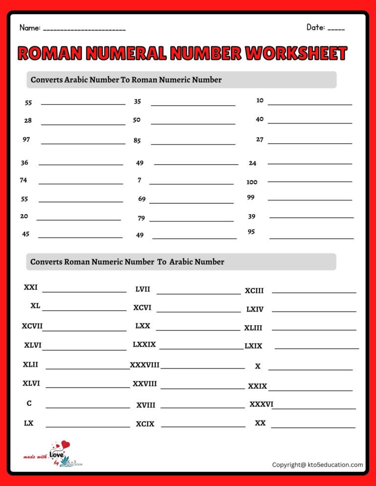 1 to 100 Roman Numeral Number Practice Worksheet | FREE Download