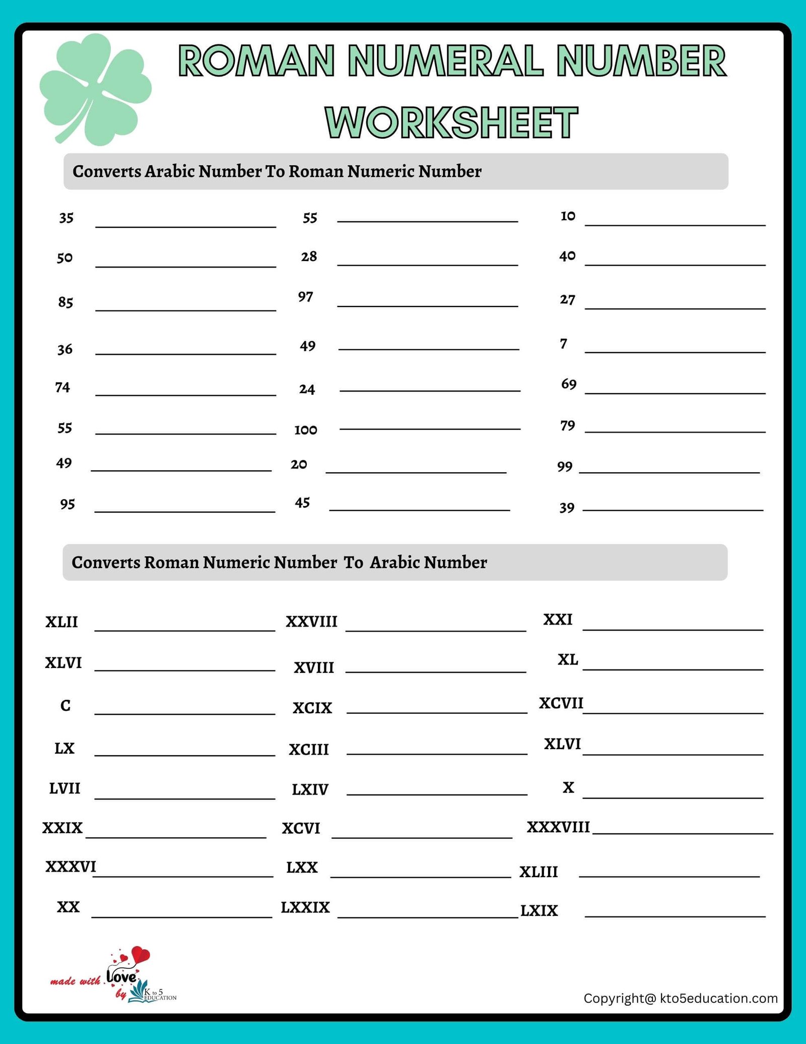 1 to 100 Roman Numeral Number Worksheet