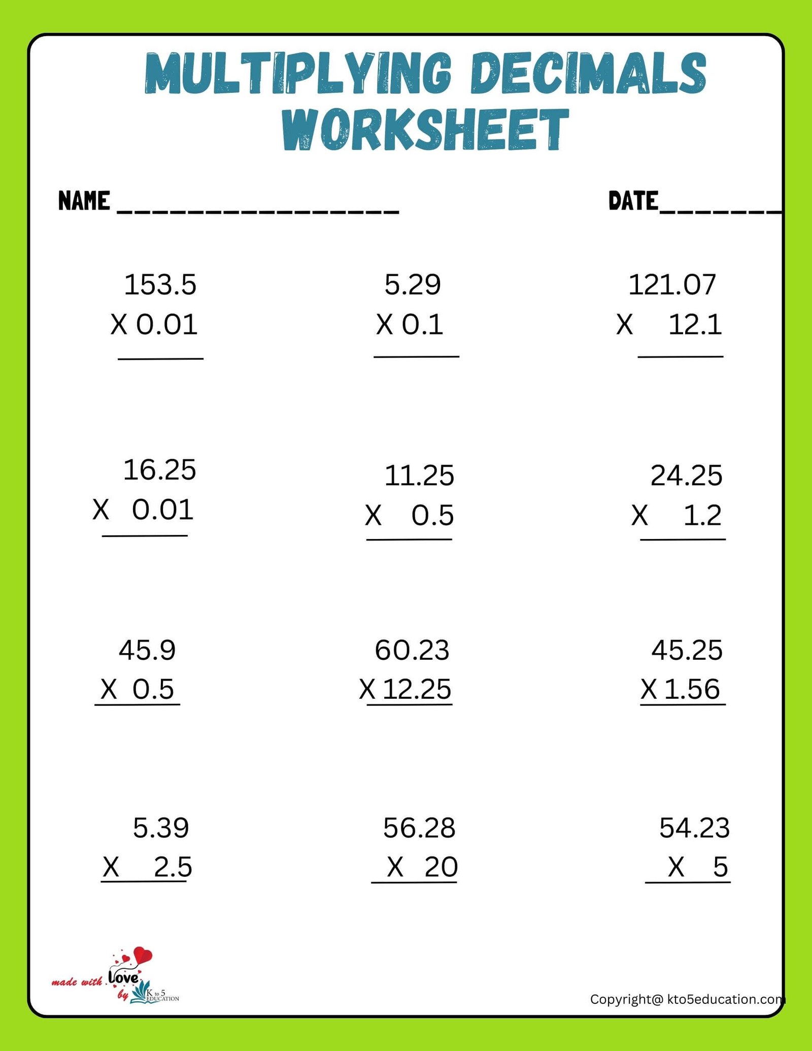 Decimal Multiplication Word Problems Worksheet