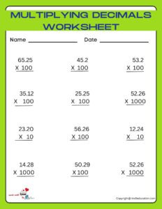 Decimal Multiplication Worksheet Class 5