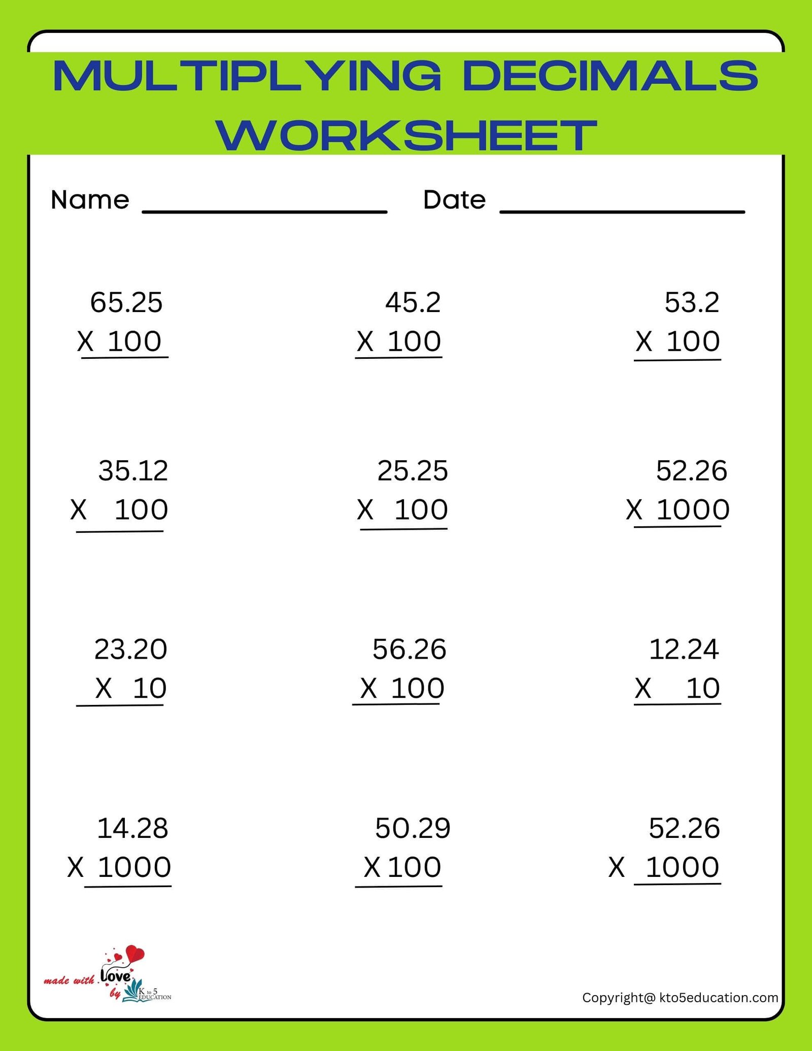 Decimal Multiplication Worksheet Class 5
