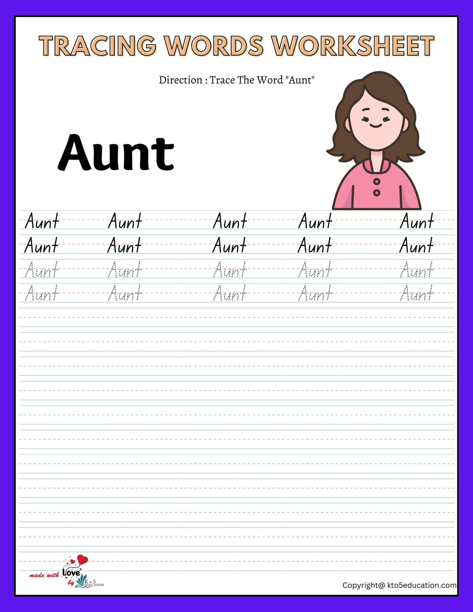 Family Tracing Words Worksheet Aunt