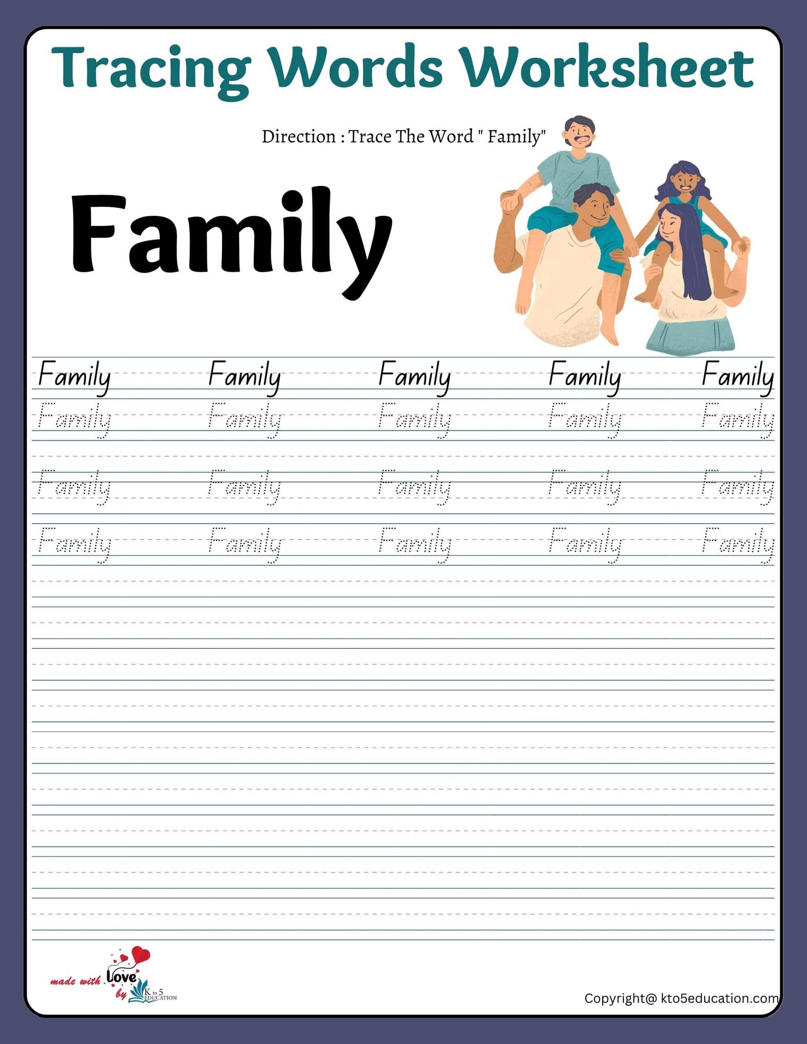 Family Tracing Words Worksheet Family