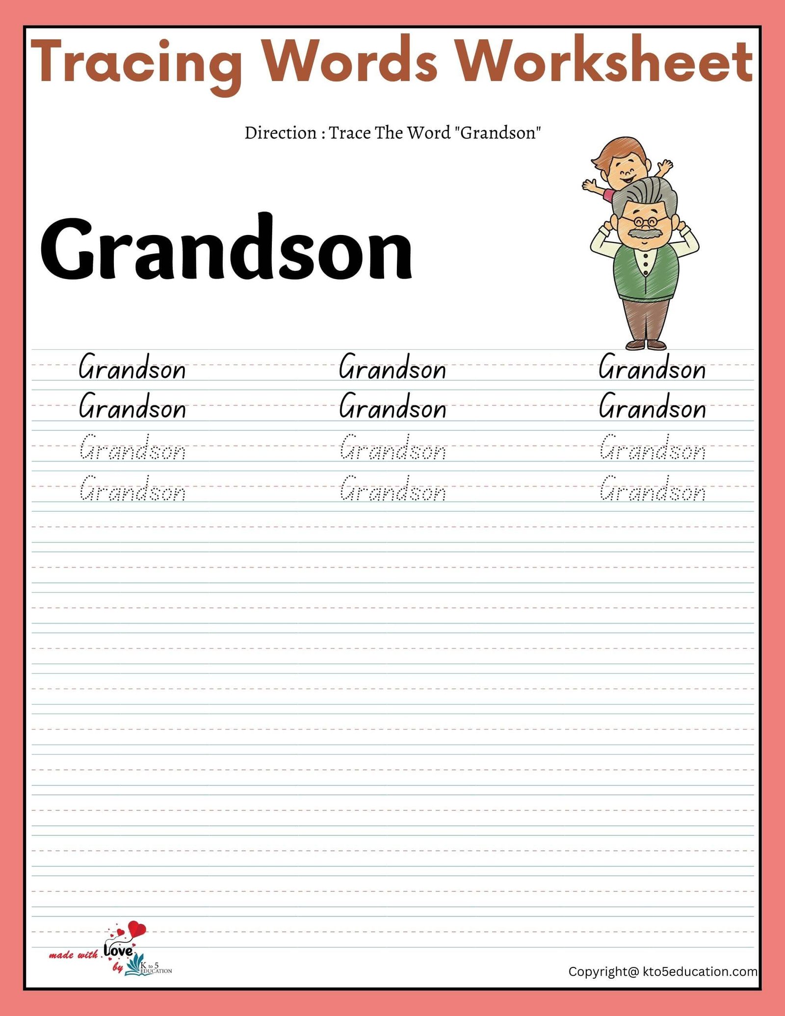 Family Tracing Words Worksheet Grandson