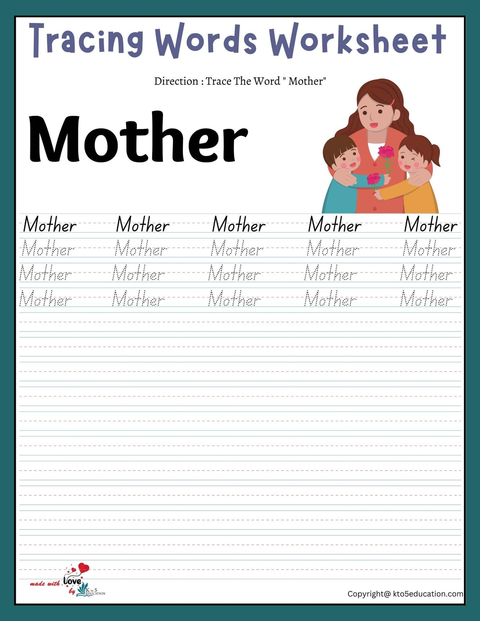 Family Tracing Words Worksheet Mother