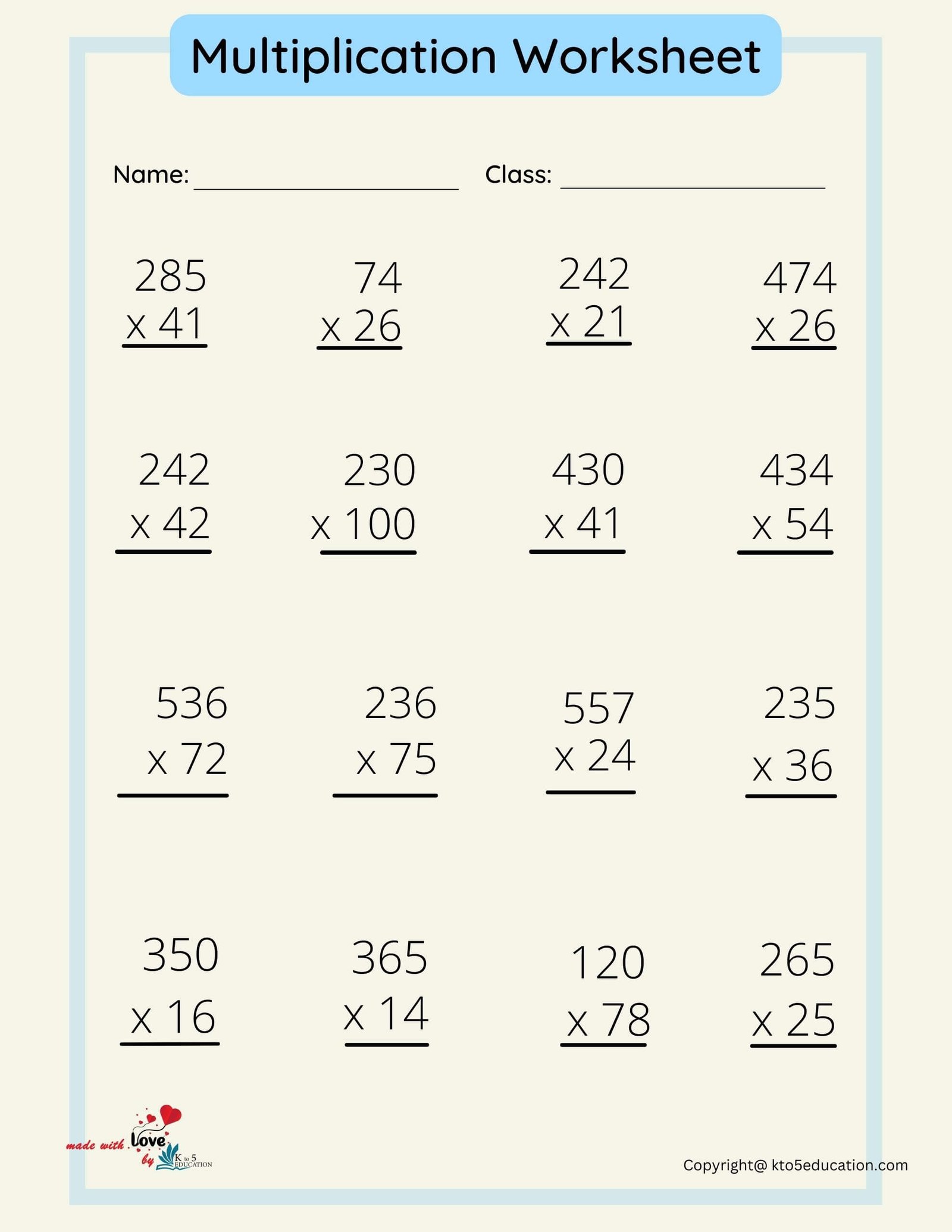 Long Multiplication Questions And Answers Worksheet