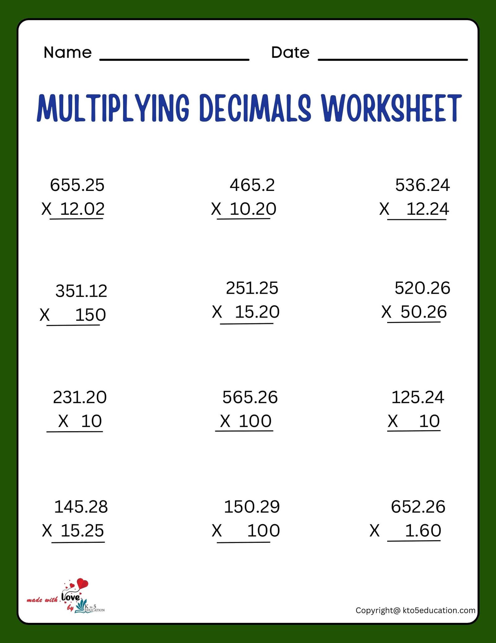 Long Multiplication With Decimals Worksheets
