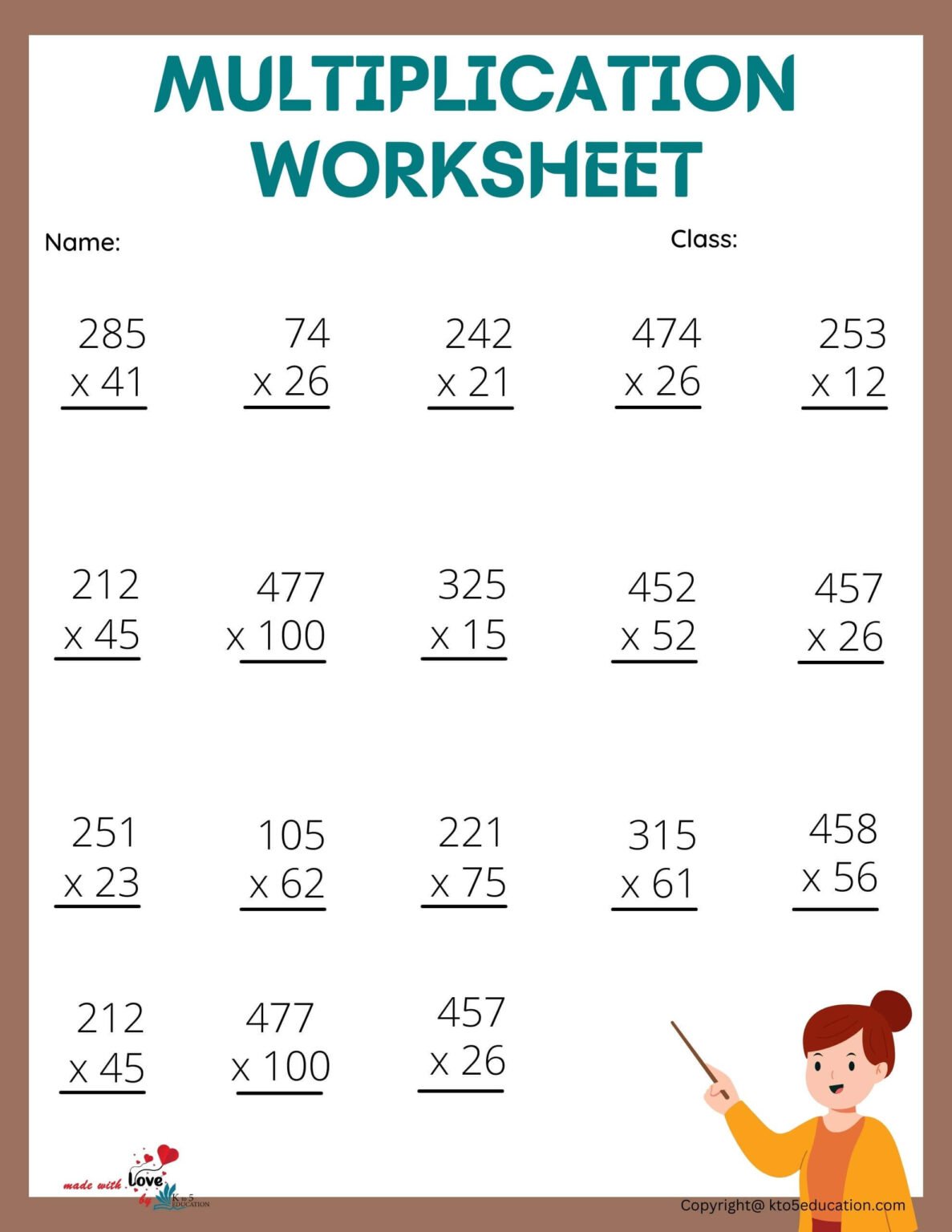 multiplication long worksheets