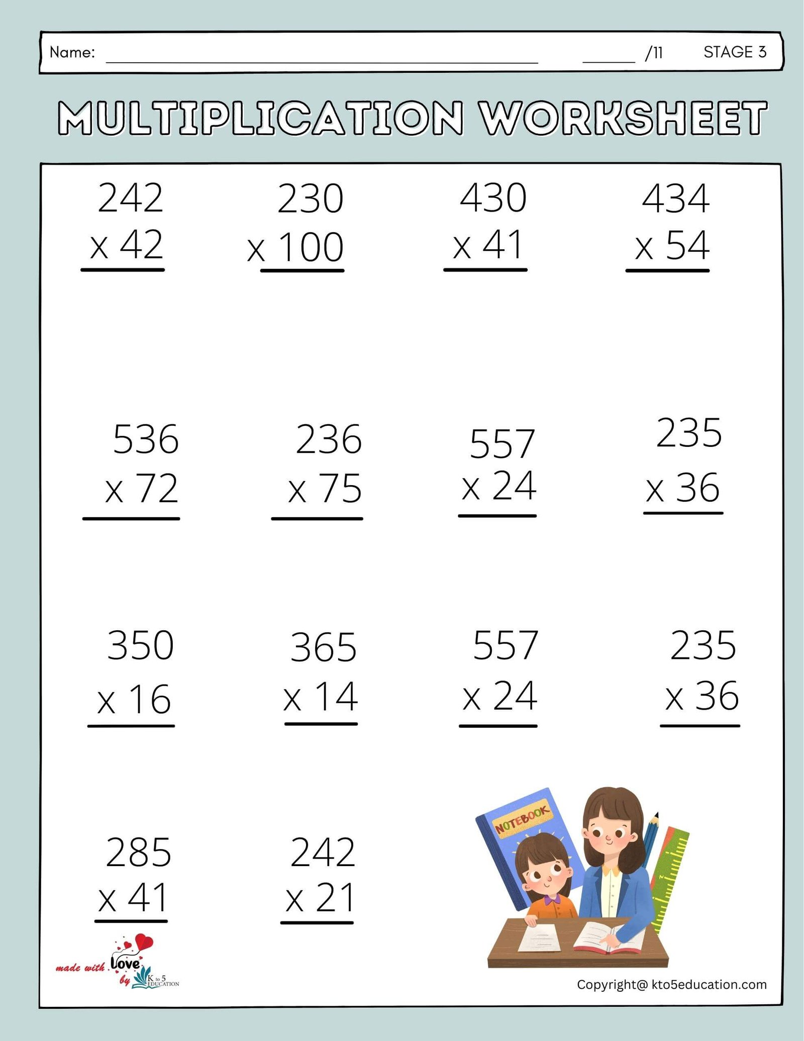 Long Multiplication Year 6 Worksheet