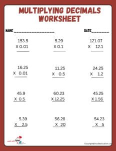 Multiplying Decimals Activity Worksheet