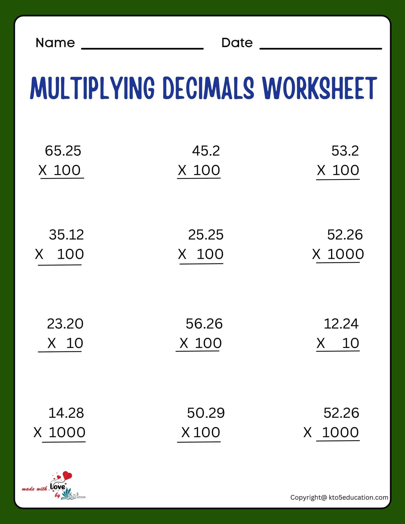 Multiplying Decimals By Powers Of 10 Worksheet Pdf