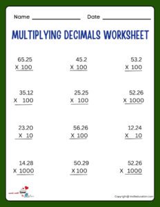 Multiplying Decimals By Powers Of 10 Worksheets