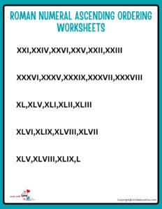 Roman Numeral Ascending Ordering Worksheet 1 TO 50